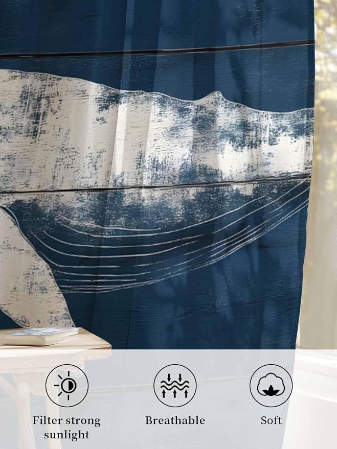 Sheer Curtains 63 Inch Length, Summer Whale Semi Sheer Curtains Light Filtering