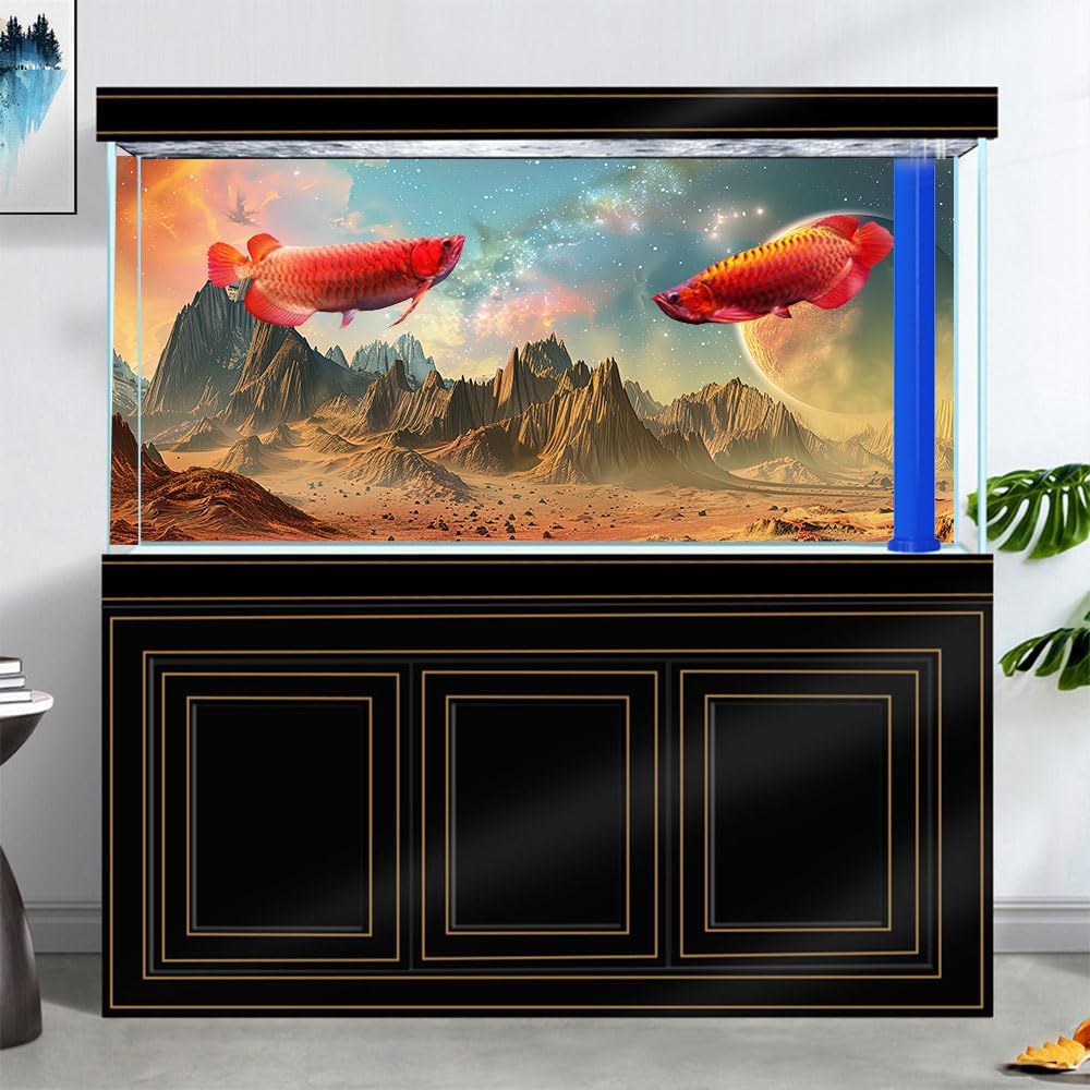 Cosmic Aquarium Background,Cool Galaxy Parallel Space Themed Fish Tank Background, Tropical Desert Terrarium Background 72X18IN with 8 EVA Double-Sided Tape