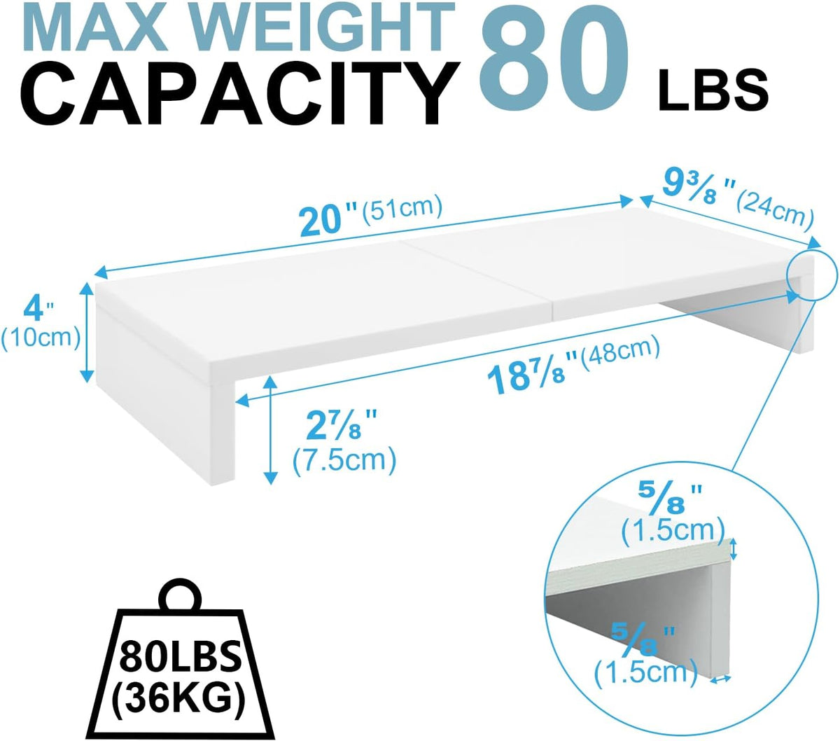 TEAMIX 2 Pack White Monitor Stand Riser 20 inch, Wooden Desktop Stand Shelf