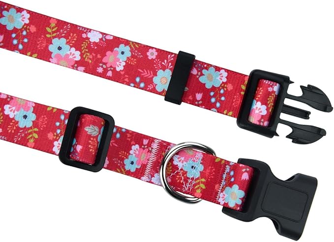 Dog Collar and Leash Set with Bohemia Floral Tribal Geometric Patterns - Soft Ethnic Style Collar Adjustable for Small Medium Large Dogs(Red Floral Set,S)
