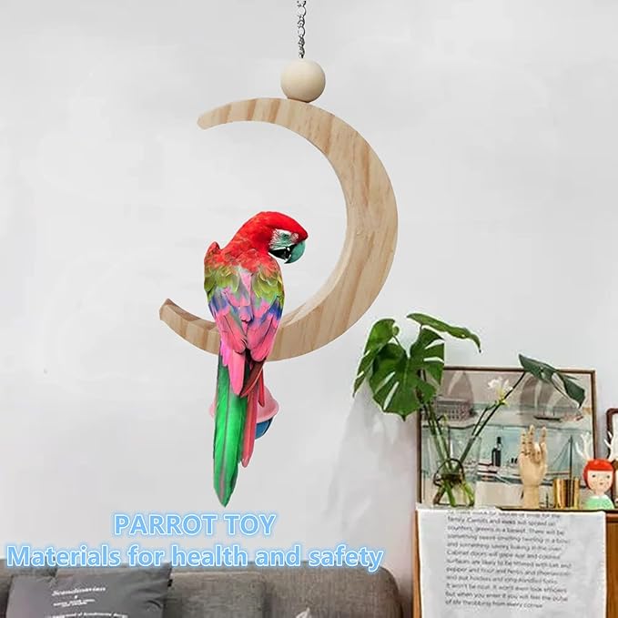 Parakeet Wood Swing Moon Shaped Hanging Ring Bird Branch Chew Parrot Toys (Large)
