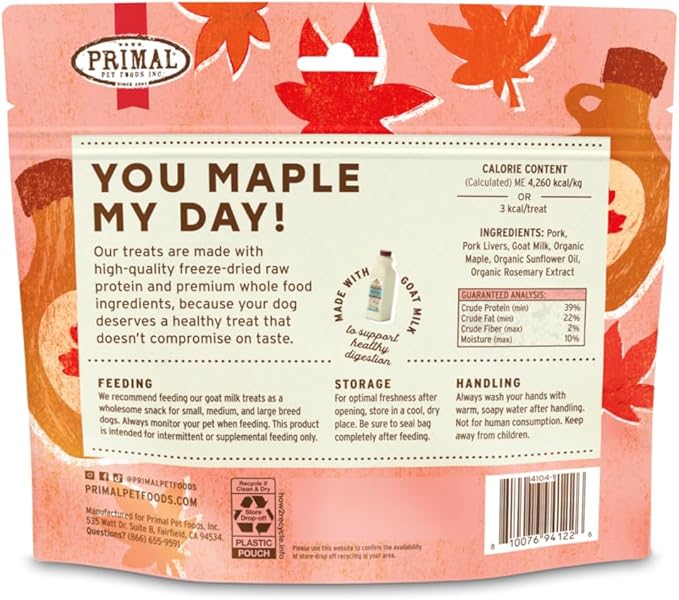 Primal Freeze Dried Dog Treats, You Maple My Day; Pork & Maple with Goat Milk, Grain Free Training Treats for Dogs, 2 oz