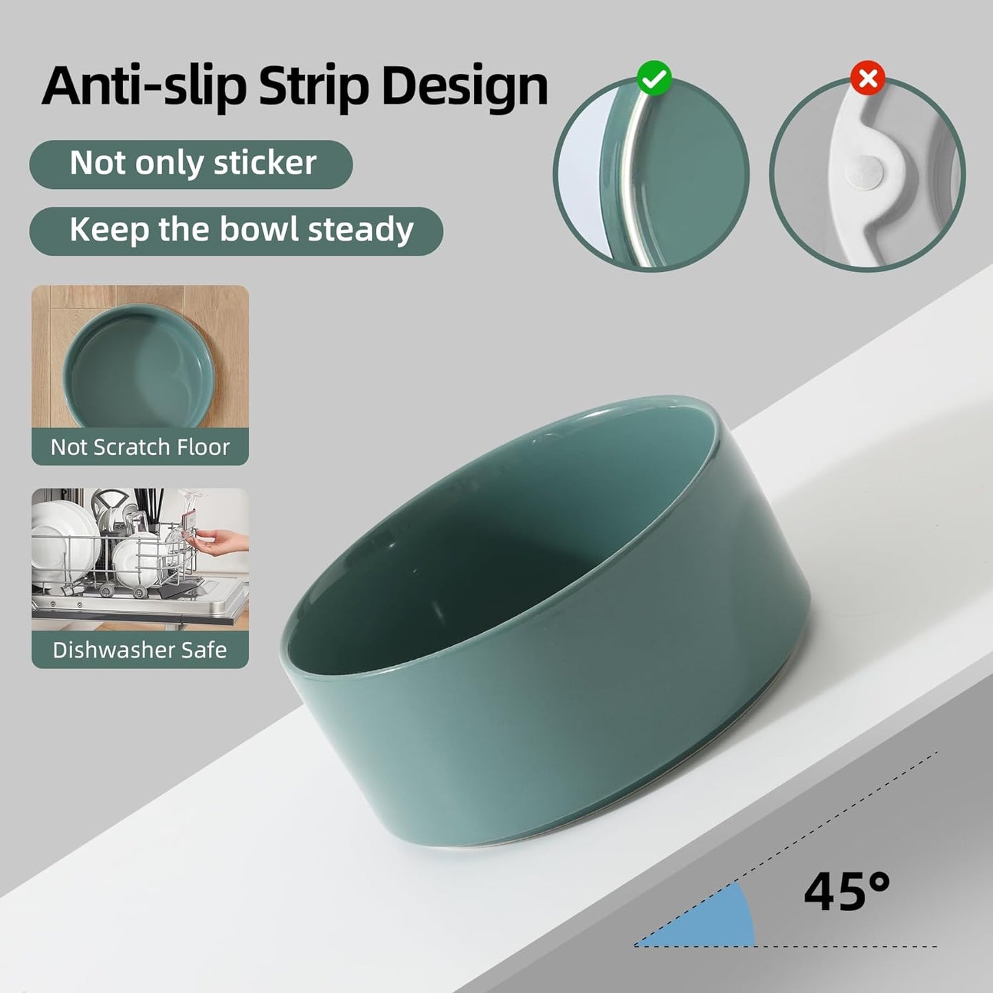 Ceramic 6.1inch Raised Dog Bowl with Stand for Small and Medium Breed Dog Dish Pet Food and Water Bowl (Double Bowl with Stand - Dark Green, 28oz)