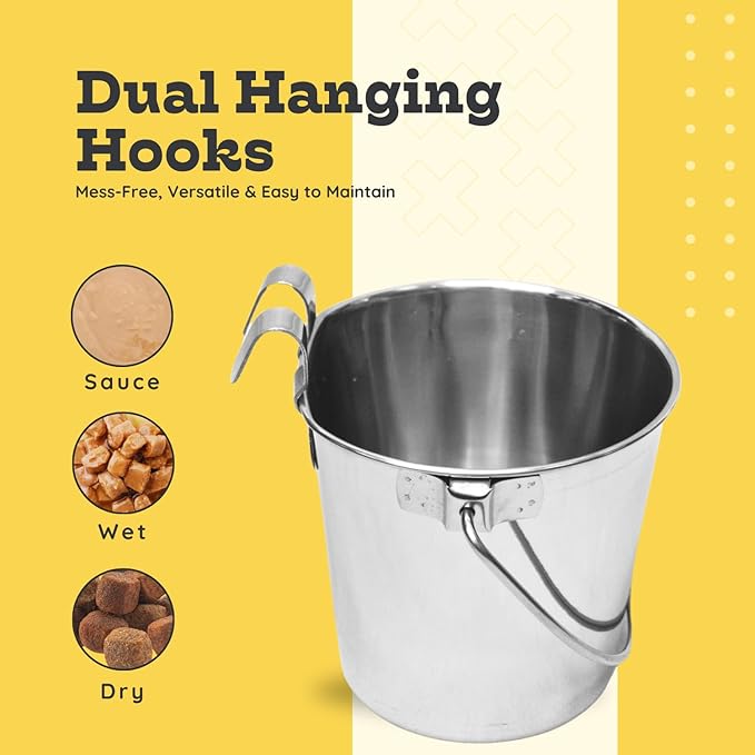 2 quart Stainless Steel Flat Sided Bucket with Dual Hooks | 0.5 gal Durable Food & Water Bowl for Dog Cats Bird & Small Animals | Fits kennel Cage Critter Crate | Hanging Utility Pet Pail