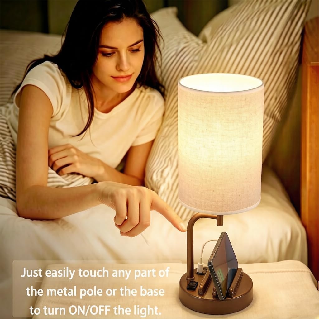 Dreamholder Touch Control USB Table Lamp with USB C/A & AC Outlet, 3-Way Dimmable Bedside Lamp, Modern Nightstand Lamps for Bedroom Living Room Guest Room Office, Bulb Included, Brown