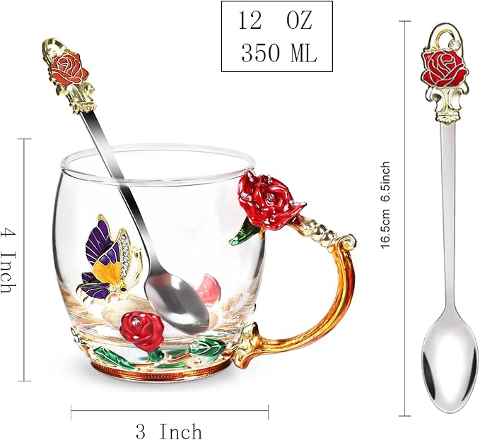 Flower Tea Cup, Butterfly Rose Clear Glass Fancy Coffee Mug