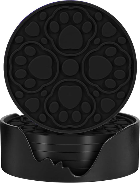Black Silicone Coasters with Holder, 4 Inch Modern Non-Slip Drink Coasters Set