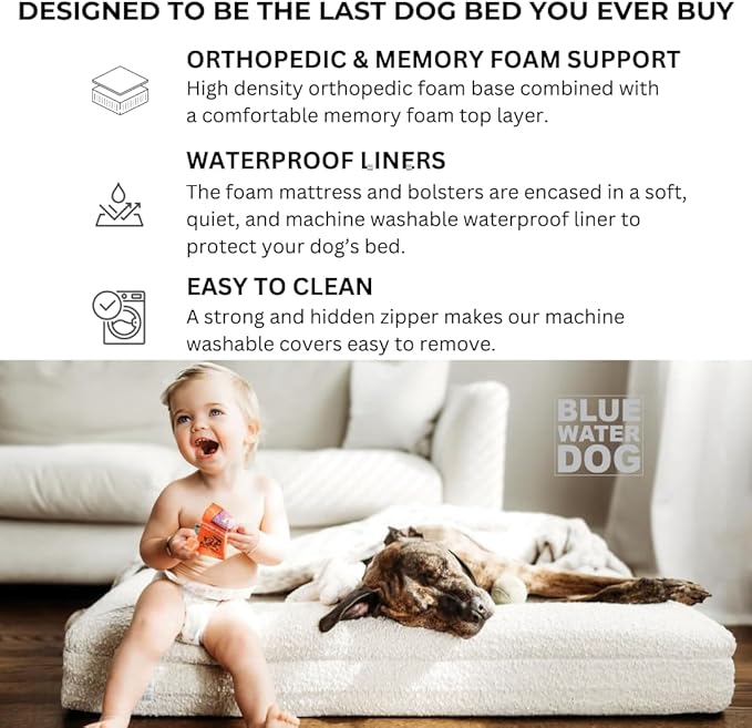 Luxury Boucle Orthopedic Memory Foam Dog Bed with Waterproof Liner and Machine Washable Cover with YKK Zippers (Small, 29" L x 23" W x 6" Th, Ocean Blue)