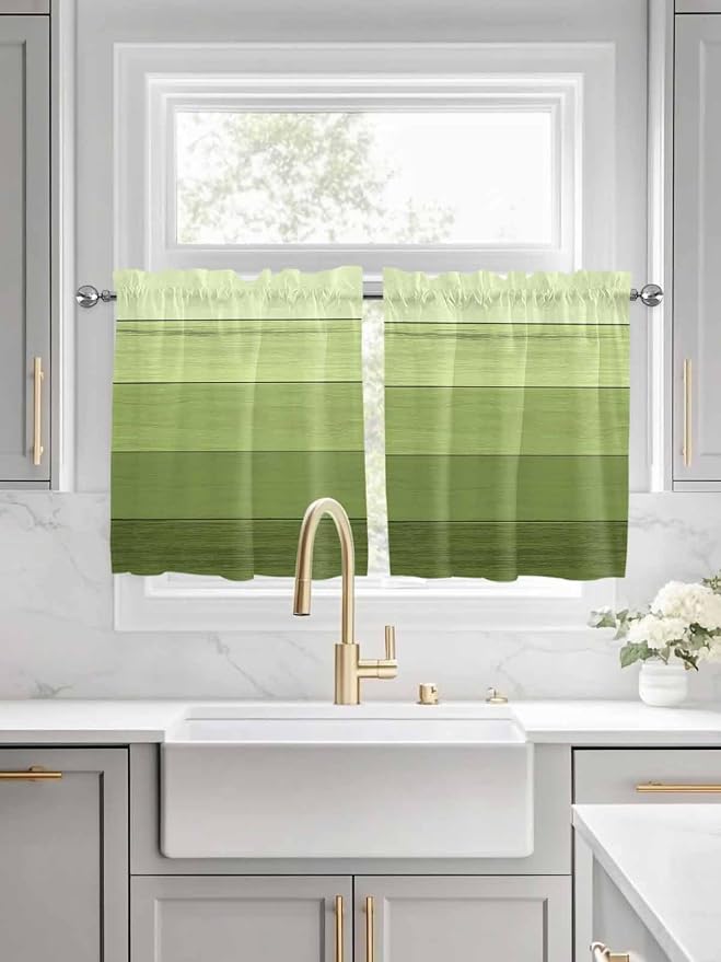 Gradient Green Wooden Board Window Valance Curtains, Retro Country Wood Grain