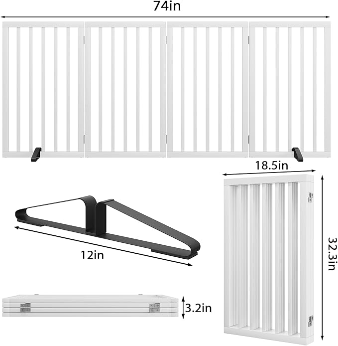Dog Gate 32" Tall Freestanding Dog Gate for Doorways Foldable Pet Gate for Dogs Indoor (White,4 Panel)