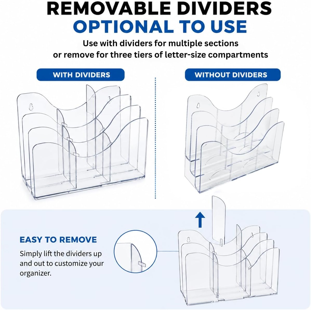 Azar Displays 250099-3PK Three Tier File and Brochure Desktop Wall Organizer Holder with Dividers brochure display stand acrylic file holder, Clear , 3-Pack