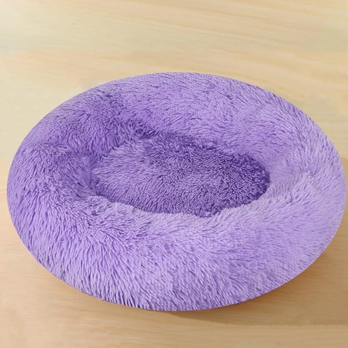 Large Calming Dog Bed, 40 Inch Anti-Anxiety Donut Cuddler Cat Bed, Warming Cozy Soft Dog Round Bed, Fluffy Faux Fur Machine Washable Pet Cushion for Medium Large Dogs & Cats (Purple)