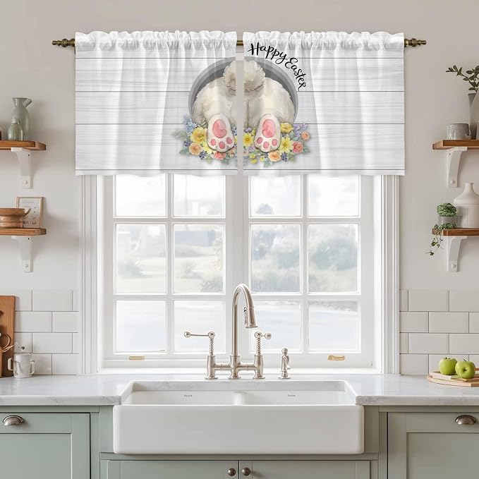 Easter Bunny Kitchen Tier Curtains 24 Inch Long 2 Panel Set, Rod Pocket Cafe