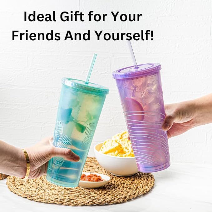 bzyoo 24oz Plastic Tumbler Cup, Lid & Straw, Iced Coffee, dishwasher safe