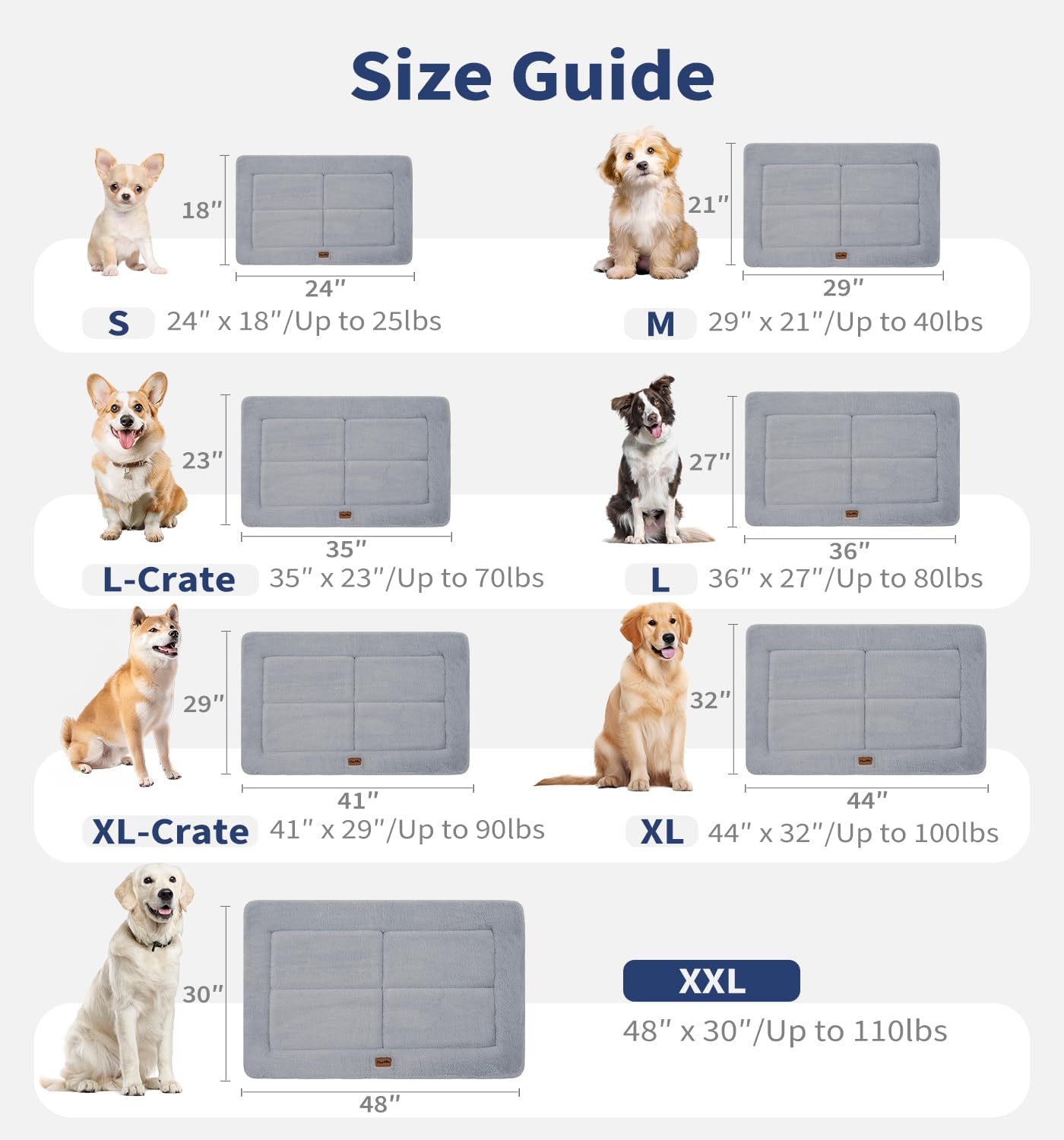 Made4Pets Dog Crate Pad Bed for Large Dogs, Washable & Reversible, Anti-Slip Kennel Mat for Cozy Sleeping, Soft Fluffy Dog Bed for Indoor & Outdoor Use, 41"x29", Gray
