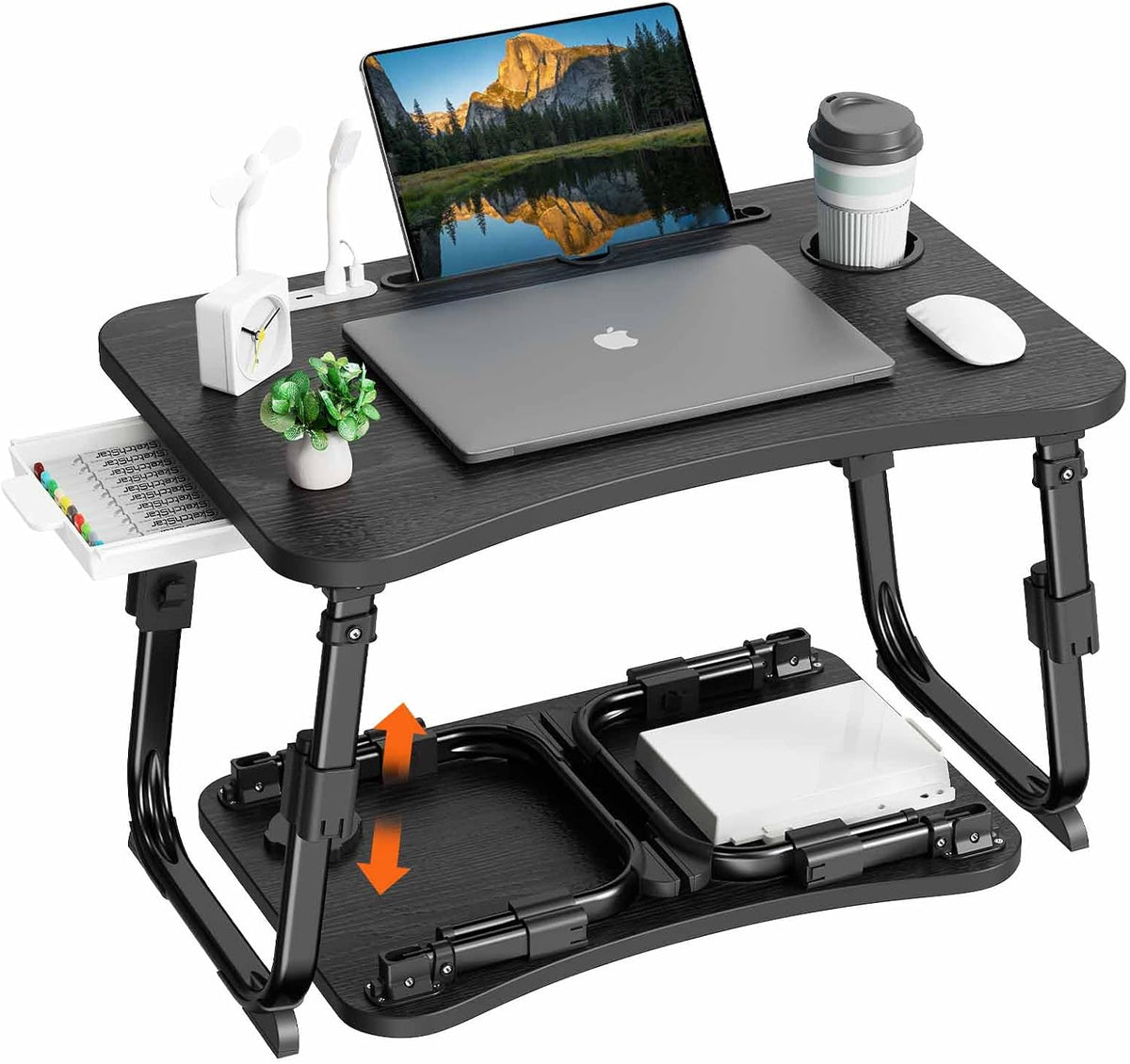 BYMECOST Laptop Desk for Bed, Height Adjustable Laptop Bed Table, Foldable Portable Lap Desk Stand with USB/Storage Drawer/Cup Holder/Slot, Breakfast Tray for Working Reading Writing Eating