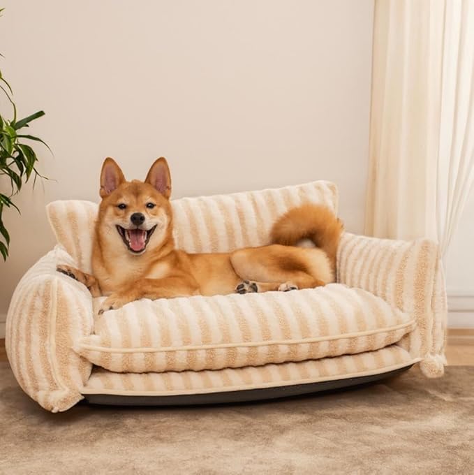 Lazy Holiday Plush Cozy Dog & Cat Sofa Bed, Teddy Velvet Dog Bed, Trendy Striped Faux Lambswool Double Layer Dog & Cat Sofa Bed Dogs Sleeping Mat for Medium Small Dogs & Cats (Beige,L)