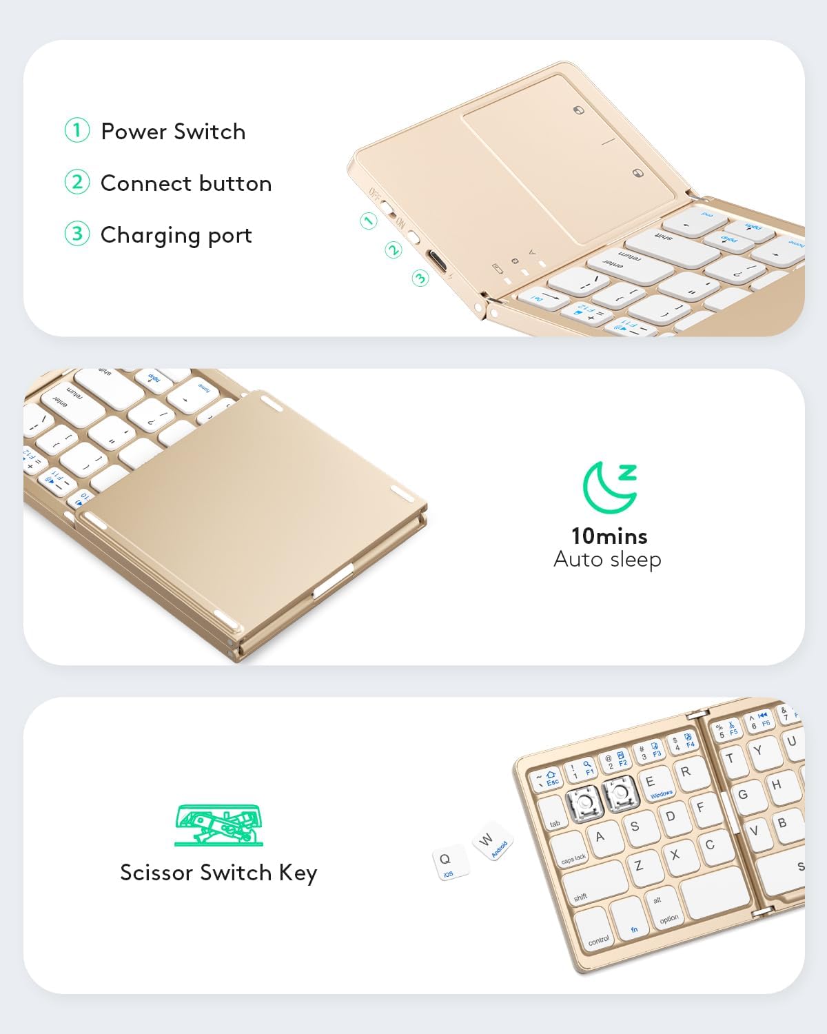 Samsers Foldable Bluetooth Keyboard with Touchpad, Ultra Slim Compact, Gold