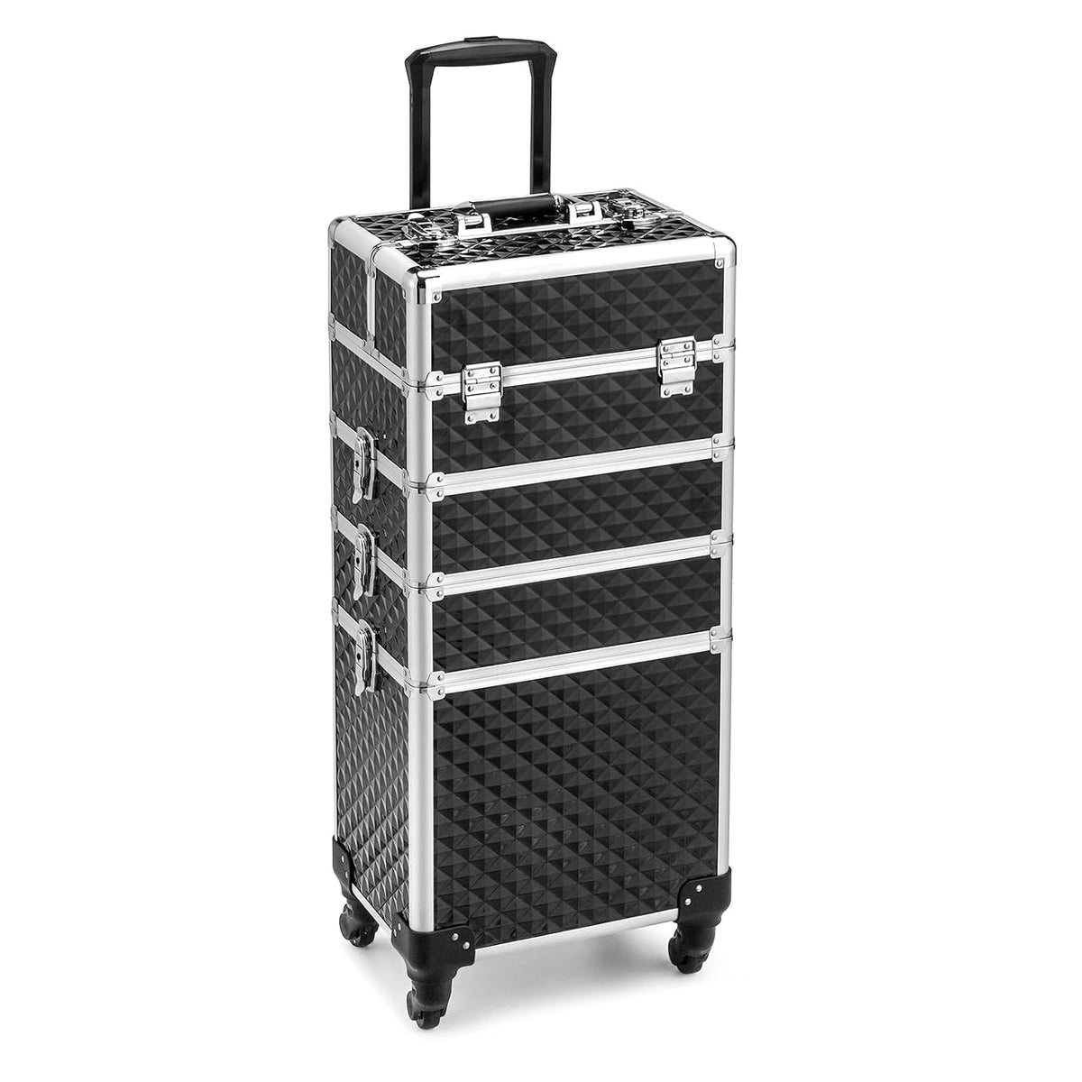 mefeir 4-in-1 Rolling Makeup Train Case Lift Handle,4 Removable Wheels Lockable Keys,Aluminum Cosmetic Trolley Beauty Stylist Artist Organizer Box,Ideal Xmas New Year Gift (Diamond Black)