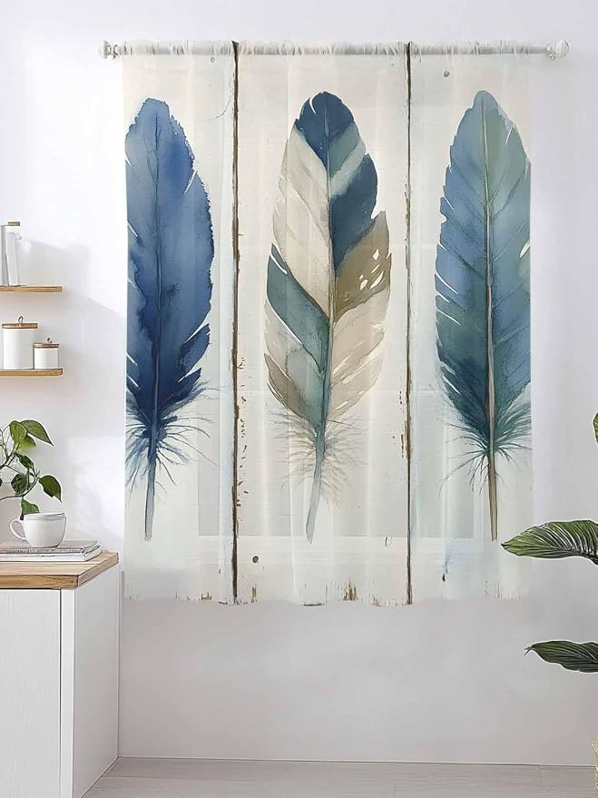 Sheer Curtains 63 Inch Length, Boho Blue Feathers Semi Sheer Curtains Light