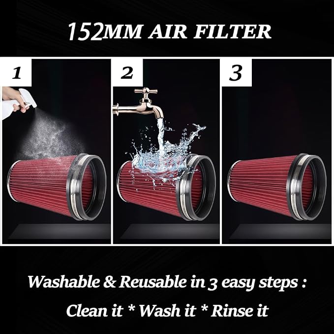 6" Inlet Cold Air Intake Filter Cone Replacement Performance Washable Clamp-On