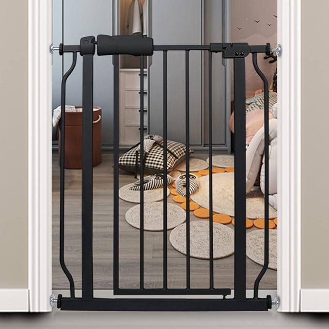 Narrow Baby Gate 24 Inch Small Black Tension Indoor Safety Gates Auto Close Walk Through Metal Narrow Dog Gate for The House Doorways Stairs (24.02"-27.56"/61-70CM, Black)