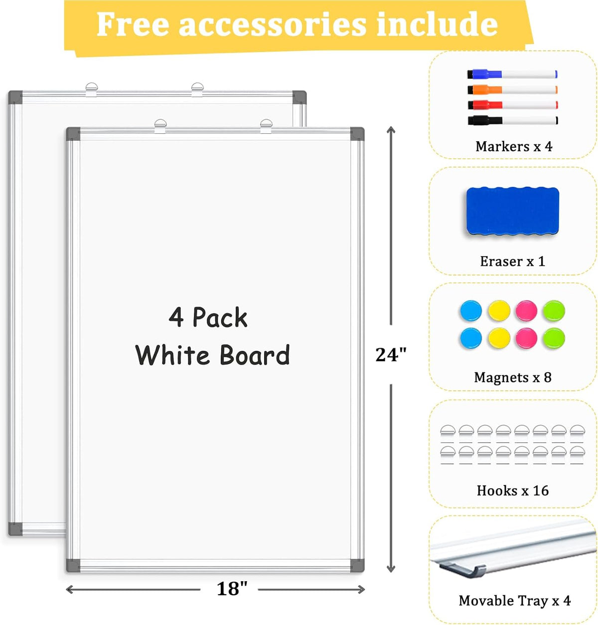 4 Pack Double-Sided Magnetic Aluminum Frame Whiteboard, 24" x 18"