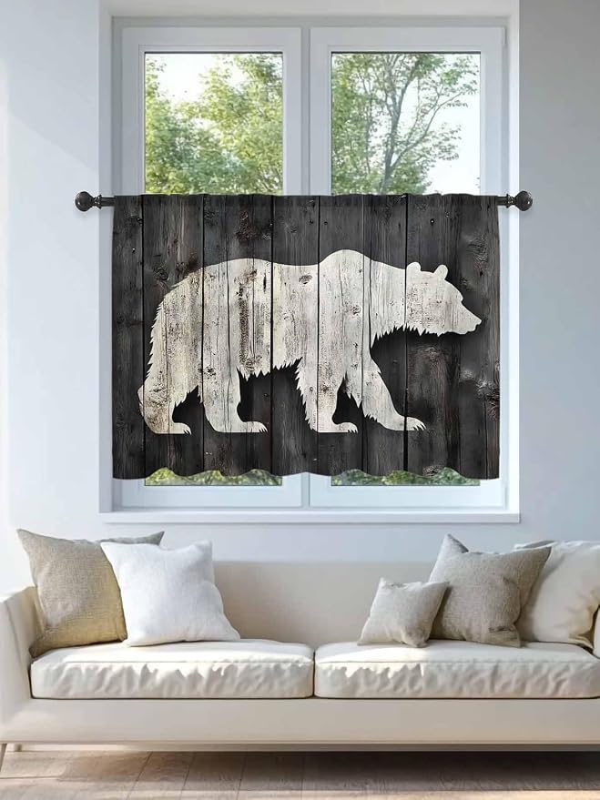 Sheer Curtains 45 Inch Length, Farmhouse Country Rustic Wooden Grain Privacy