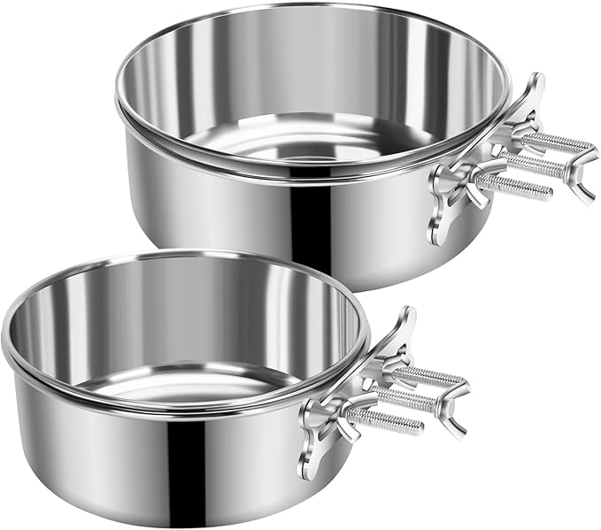 2 Pcs Medium Dog Food Water Bowl for Cage with Upgraded Clamp Holder, Pet Kennel Hanging Bowls Stainless Steel Non-Spill Detectable Bowls Crate Feeder for Medium Dogs (6.3x2.3'' & 5.5x2'')