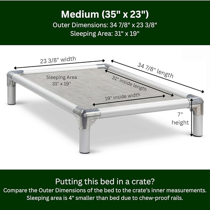 Kuranda Chewproof Elevated Pet Bed - Silver Aluminum - 35" x 23" - Sunsure Textilene - Birch