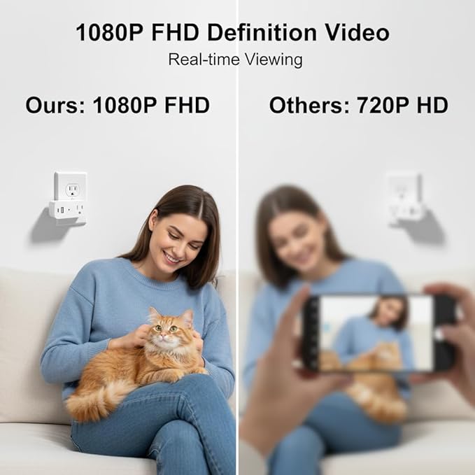 Wireless Plug 1080p Camera Smart Power Strip Support App Remote & Local Storage Suitable for Pet Monitor Built-in 32G Memory Card (No Audio)
