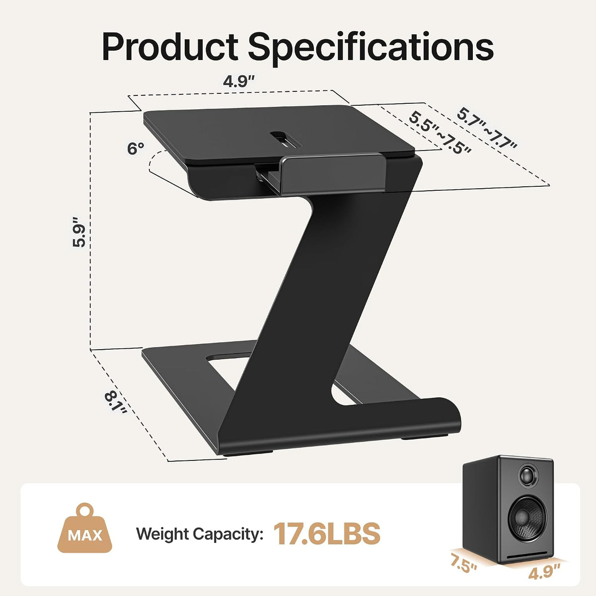 PEGZONE Desktop Speaker Stands, Adjustable Depth 5.5″–7.5″, 1 Pair