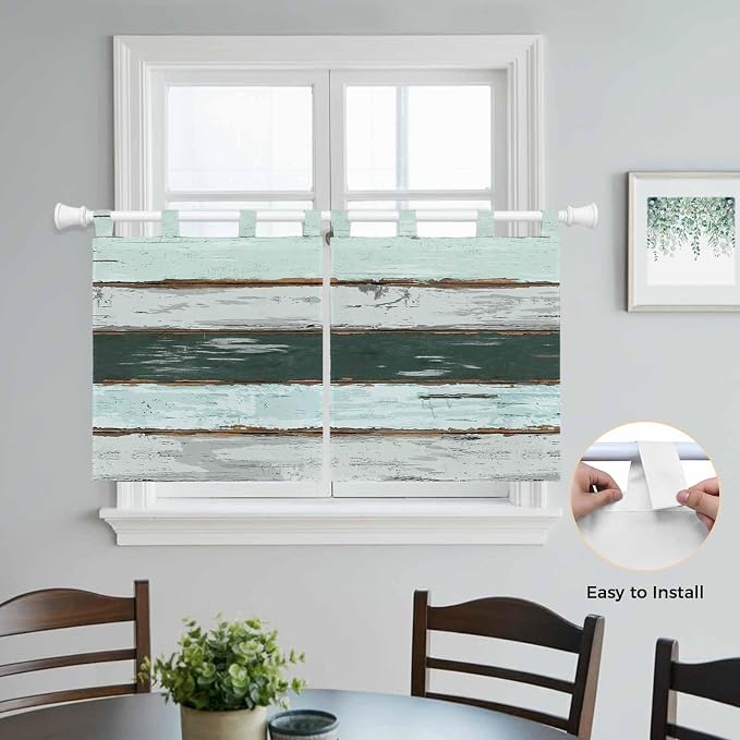 Blue Teal Kitchen Curtains 36 Inch Length, Small Window Curtains Tab Top