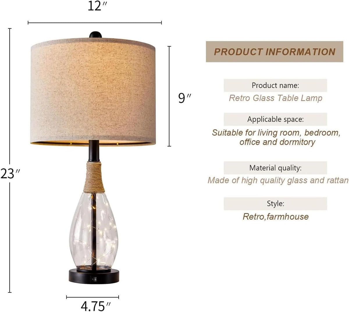 OYEARS Bedside Table Lamp with USB, 23‘’ Black Modern Nightstand Lamps for Bedroom, Retro Rattan Table Lamps for Night Stands, Living Room, Farmhouse Table Lamp with Glass Nightlight Lamps