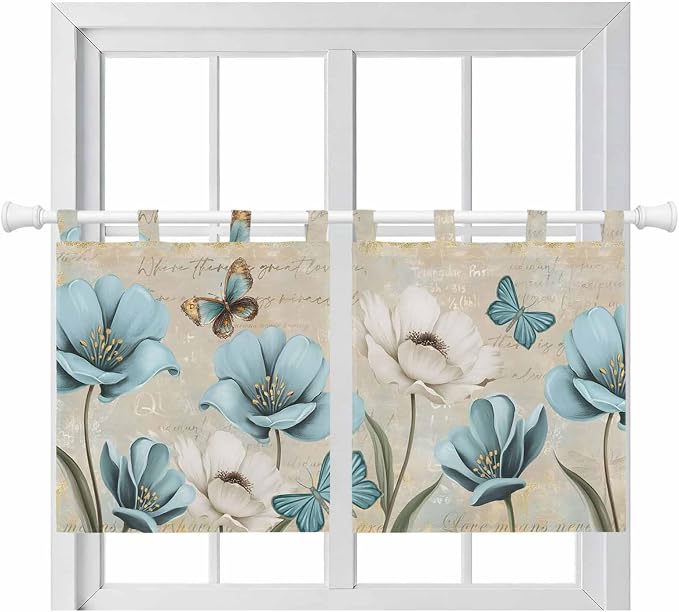 Spring Flowers Kitchen Curtains 24 Inch Length, Small Window Curtains Tab Top