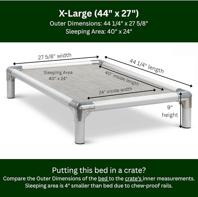 Kuranda Chewproof Elevated Pet Bed - Silver Aluminum - 44" x 27" - Sunsure Textilene - Birch