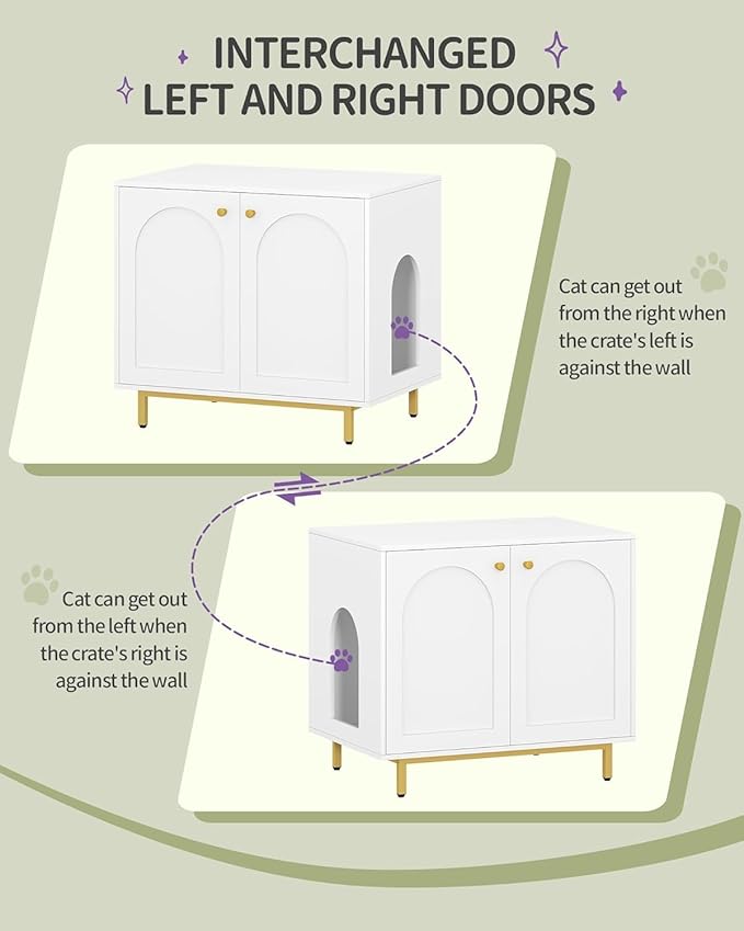Cat Litter Box Enclosure, Hidden Litter Box Furniture Cabinet, Wooden Indoor Cat House, Side End Table, Living Room, Bedroom, White and Gold CB85003G