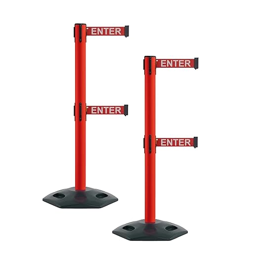 Montour Line MSR630D Set of 2 Retractable Belt Barrier Stanchion, Heavy-Duty Rubber Base, Red Post (7.5 ft Red with"Caution - DO NOT Enter" White Letters Dual Belt)