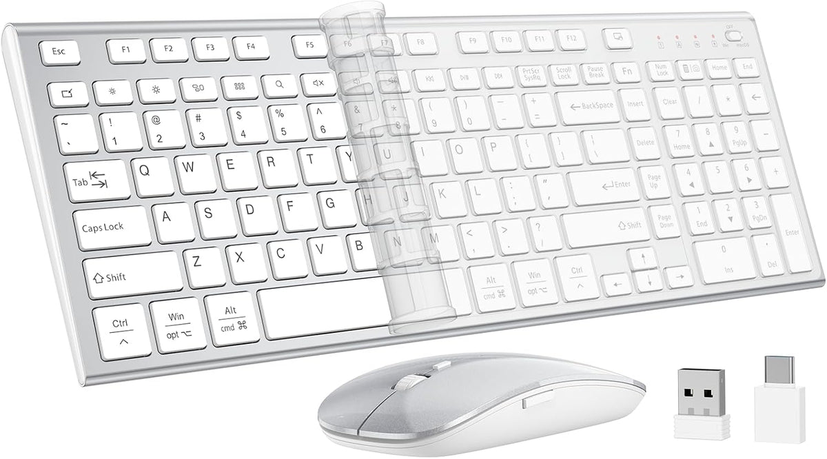 Keyboard and Mouse Wireless, Slim Flat Silent Quiet White Silver