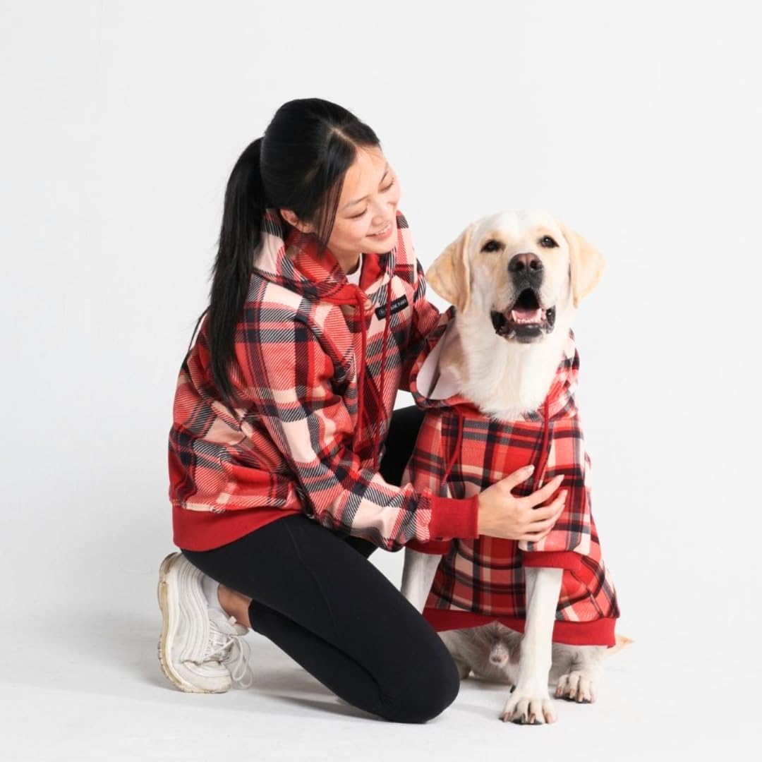 Spark Paws Dog Hoodie – Premium Dog Sweater for Small, Medium, and Large Dogs | Warm Outfits for French Bulldogs, Pitbull, Puppy, Winter Jacket Alternative - Red Plaid, L