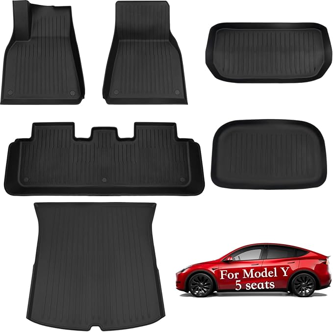 6Pcs Floor Mats for Tesla Model Y 2021/2022/2023/2024 Accessories, TPE All Weather Anti-Slip Waterproof 3D Front Frunk Rear Trunk Cargo Liner Tray Mats