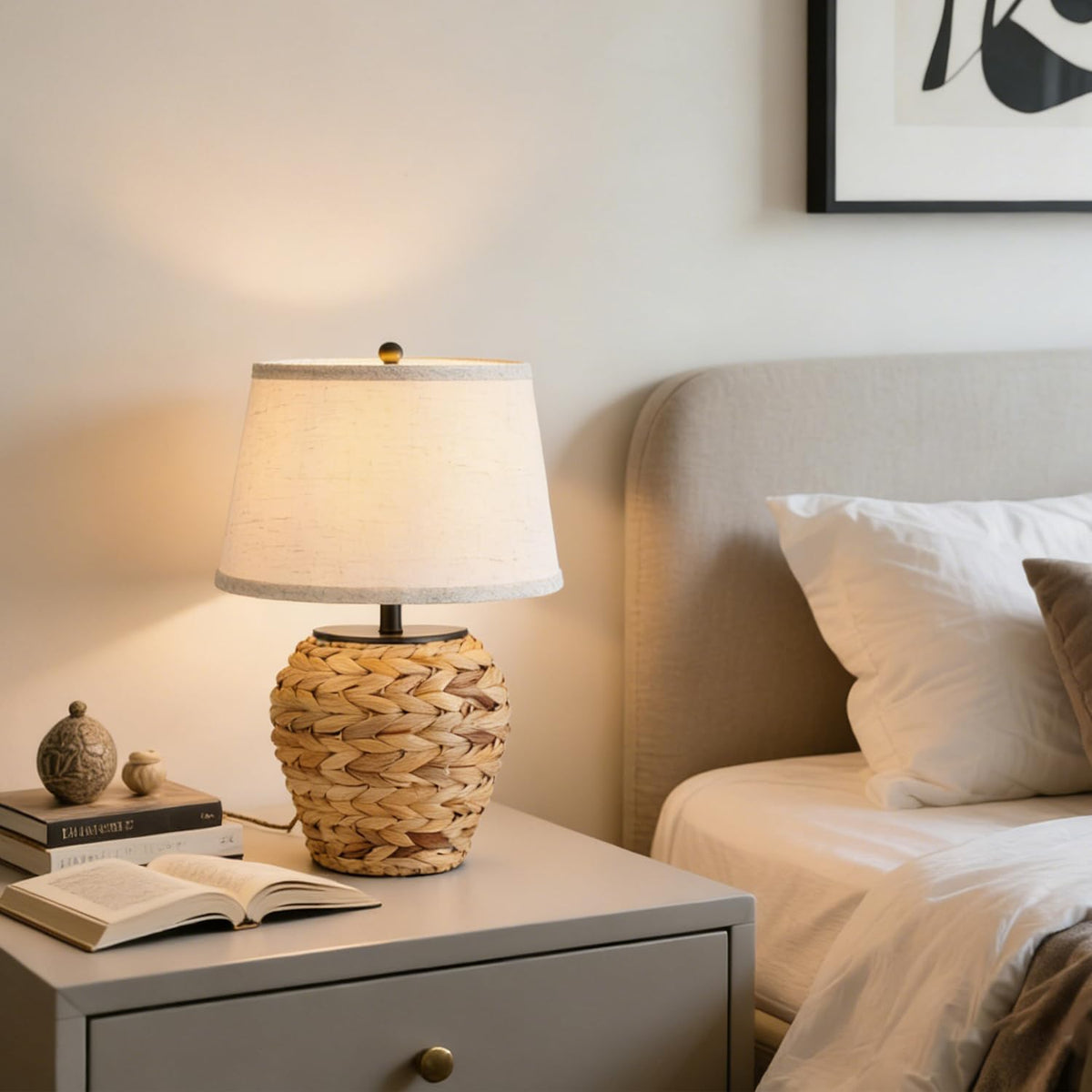 SOTTAE 15.3" Woven Natural Rattan Table Lamp with Linen Shade, Boho Bedside Lamp for Bedroom, Hand-Woven Rustic Farmhouse Desk Lamp for Living Room, Coastal Accent Lighting for Home Office