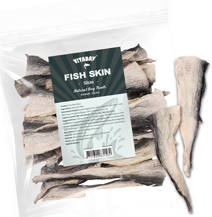 VITADAY Dog Jerky, 100% Fish Skin Dog Treats, Tough Grain-Free Rawhide Alternative, Natural Dog Jerky Treats for, Rich in Collagen & Omega-3, Low Fat, Hypoallergenic, 3 oz Pack, Slice