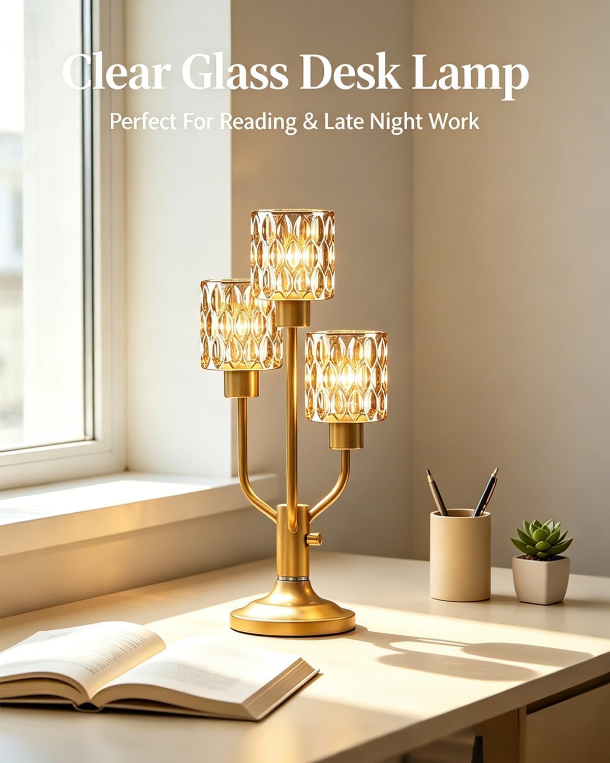 Lightdot Mid Century Modern Table Lamp Glod Glass Dimmable 3 Bulbs Included