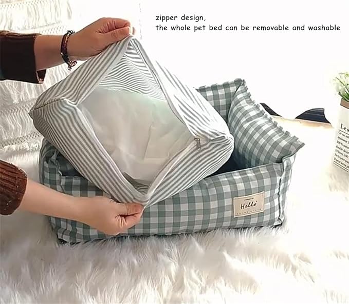 Original Rectangular Pet Bed Soft Cotton Dog Kennel with Non Slip Bottom, Removable Calming Sofa for Small Medium Dogs and Cats, Universal for All Seasons Cream S
