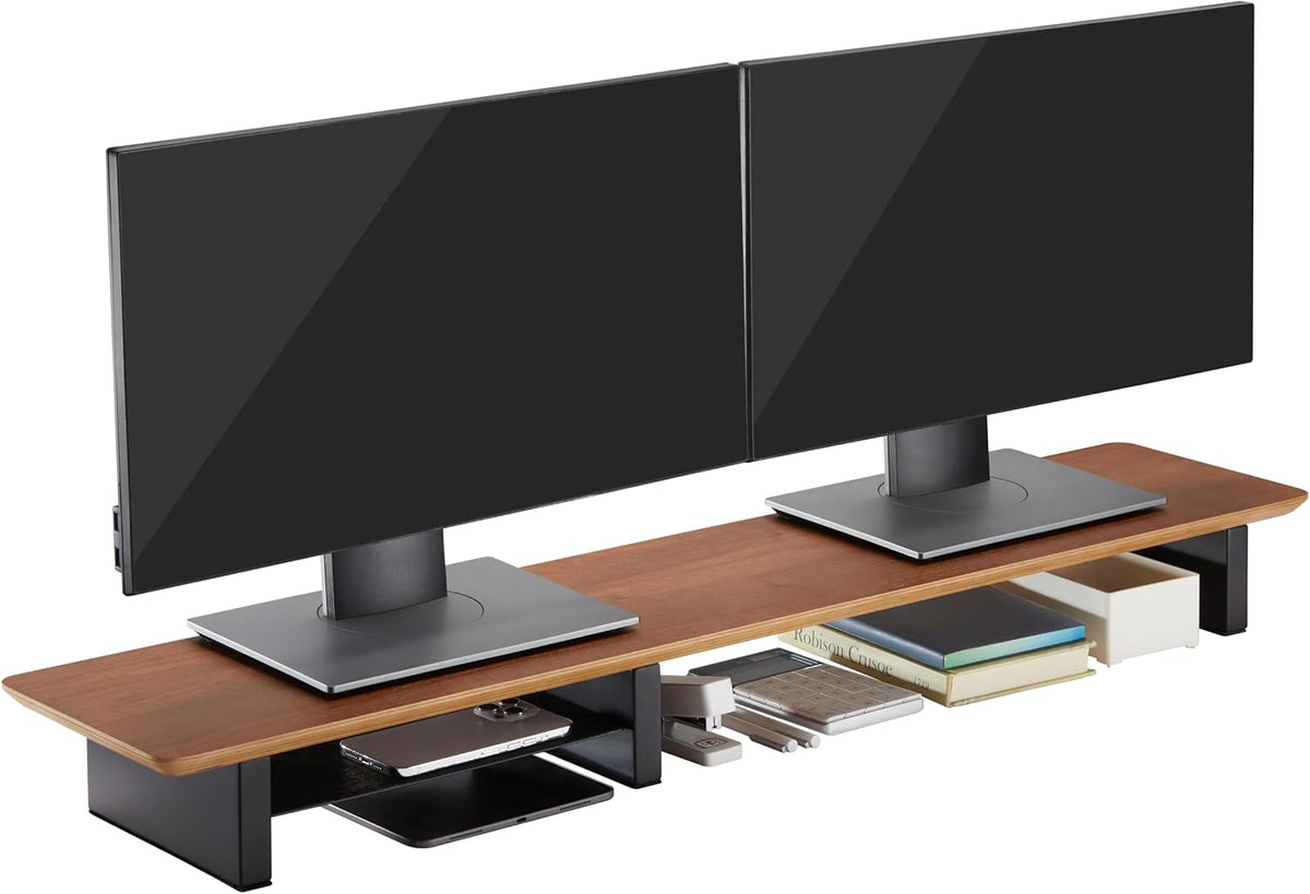 XL Walnut Wood Monitor Stand for 2 Monitors (44 Inch), Desk Shelf