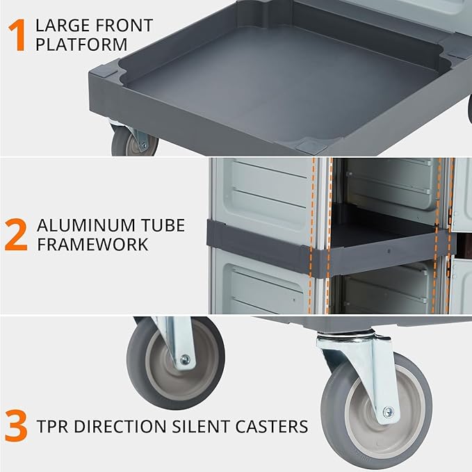 Janitorial Cart with 2 Cabinet, Commercial Traditional Janitorial 3-Shelf Cleaning Cart On Wheels with Cover and Vinyl Bag, Grey