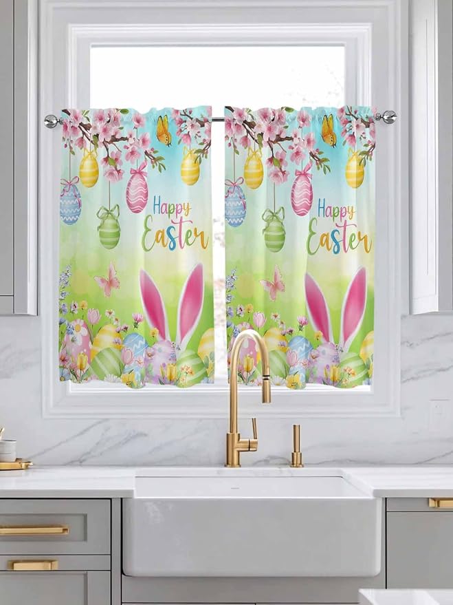 Easter Tier Curtains 45 Inches Long, Spring Bunny Colorful Rabbit Eggs
