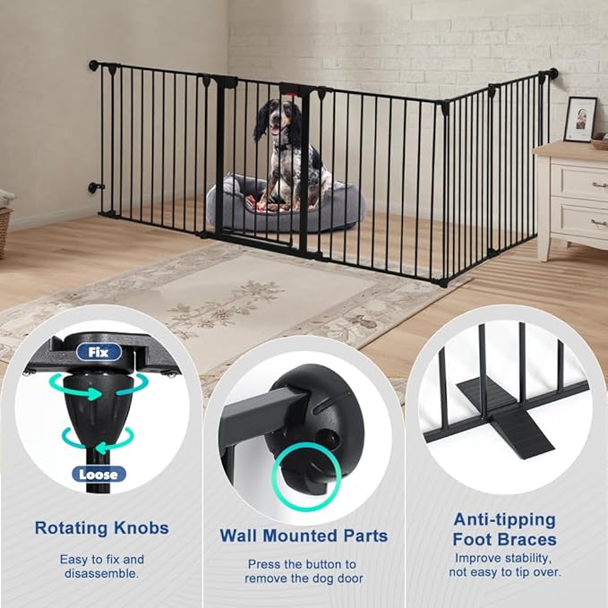 Freestanding Dog Gates with Door Walk Through, Extra Wide Doggy Door 125" W x 29" H Pet Gate Safty 5 Panels Dog Fence for Stairs, Doorways