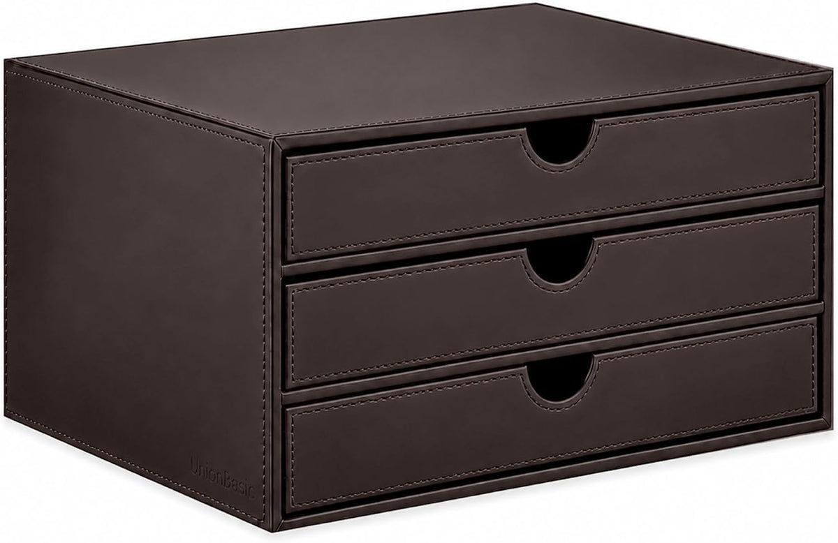 UnionBasic Leather Desktop Drawer Organizer, File Cabinet Magazine Document Holder, Office Supplies Desk Storage Organizer Box, 3 Drawer, Coffee